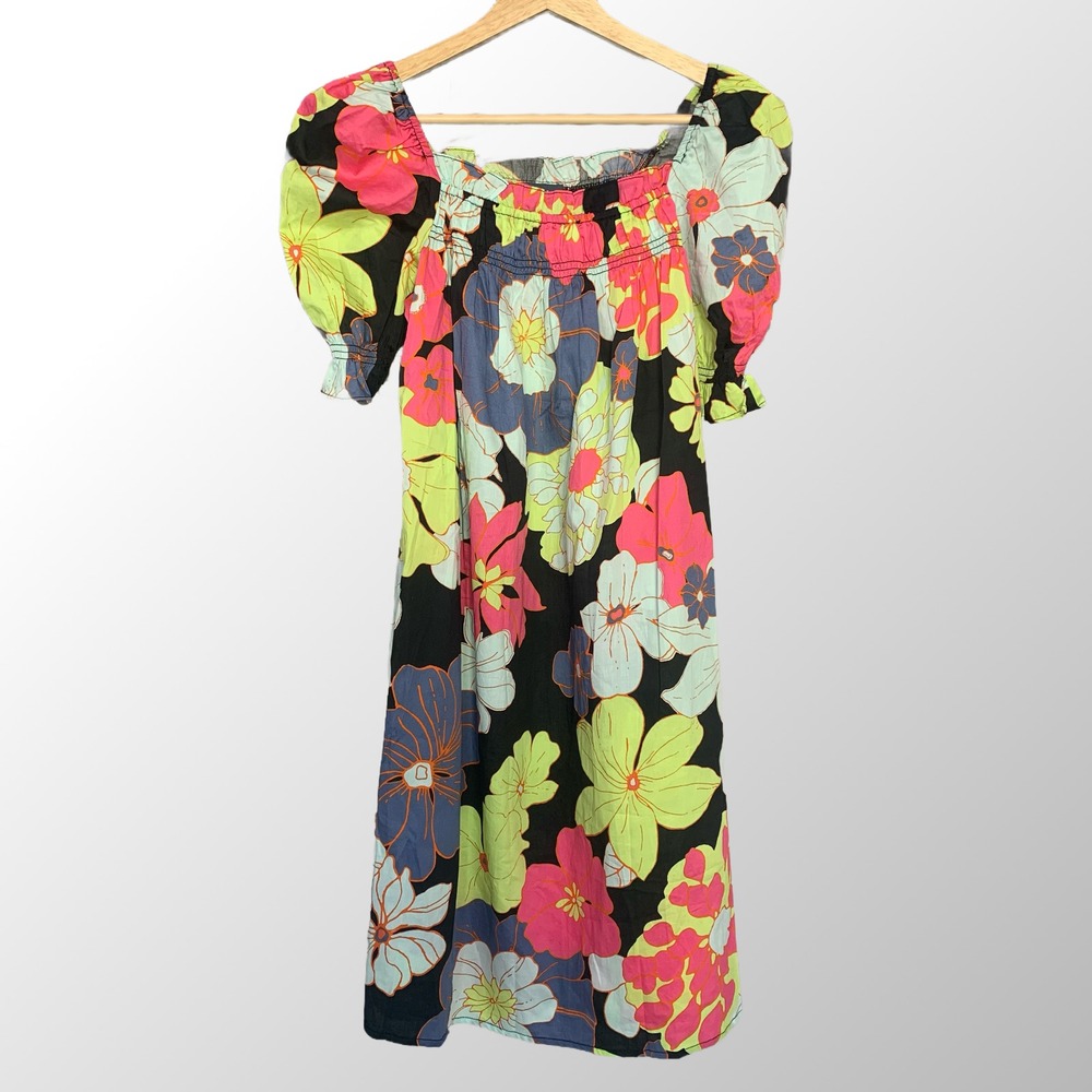 Modcloth Women's XS Black Floral Colorful‎ Smocked Mini Dress